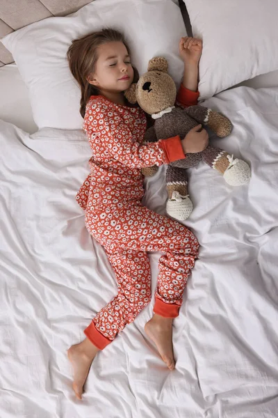 Cute Little Girl Toy Bear Sleeping Bed Top View — Stock Photo, Image