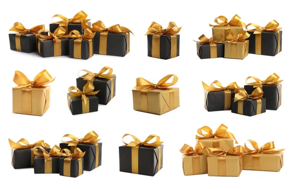 Set Mit Schönen Geschenkboxen Auf Weißem Hintergrund — Stockfoto