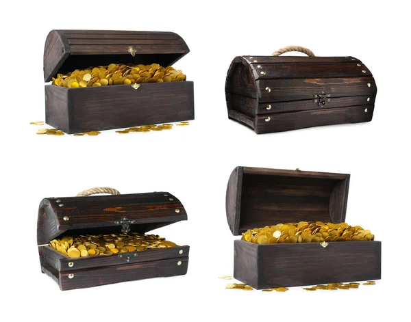 Set Treasure Chests Full Gold Coins White Background — Φωτογραφία Αρχείου