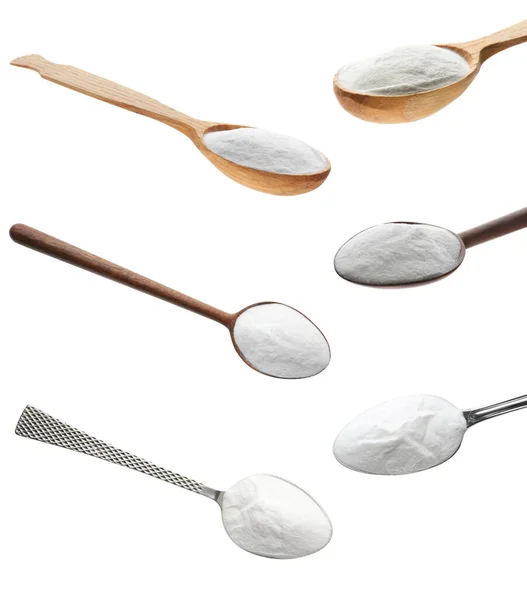 Set Spoons Baking Soda White Background — Stock Photo, Image