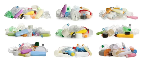 Set Mit Haufen Von Plastikmüll Auf Weißem Hintergrund Banner Design — Stockfoto