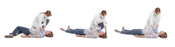 Doctor Performing First Aid Unconscious Woman White Background Collage Banner — Stock Photo, Image