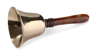 Tahta saplı altın okul çanı beyaza izole edilmiş.