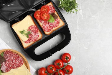 Sandviçleri ve farklı ürünleri olan modern ızgara makinesi açık gri masada, düz yerde. Metin için boşluk