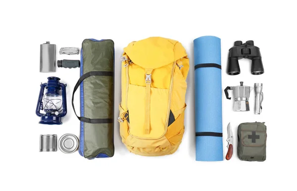 Set Camping Equipment White Background Top View Packing Trip — Stock Photo, Image