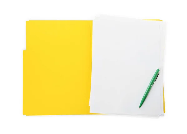 Yellow File Blank Sheets Paper Green Pen Isolated White Top — Stockfoto