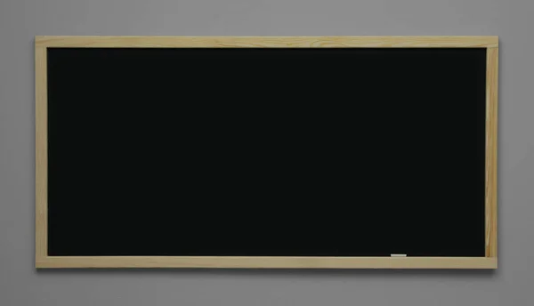 Clean Black Chalkboard Hanging Grey Wall — Stock Photo, Image