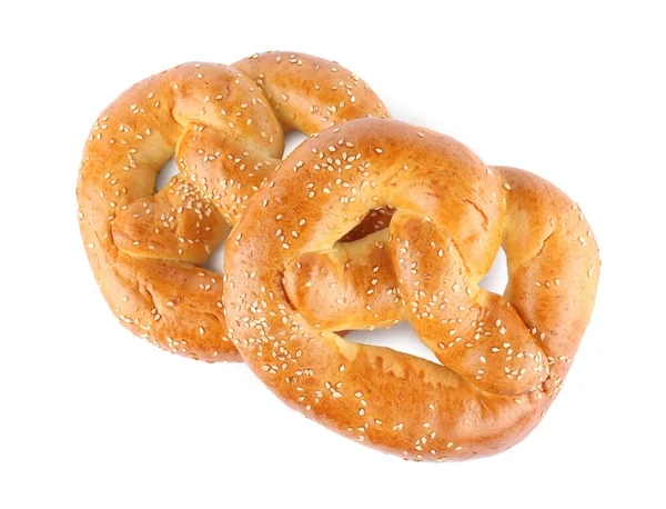 Lekker Vers Gebakken Pretzels Witte Achtergrond Bovenaanzicht — Stockfoto