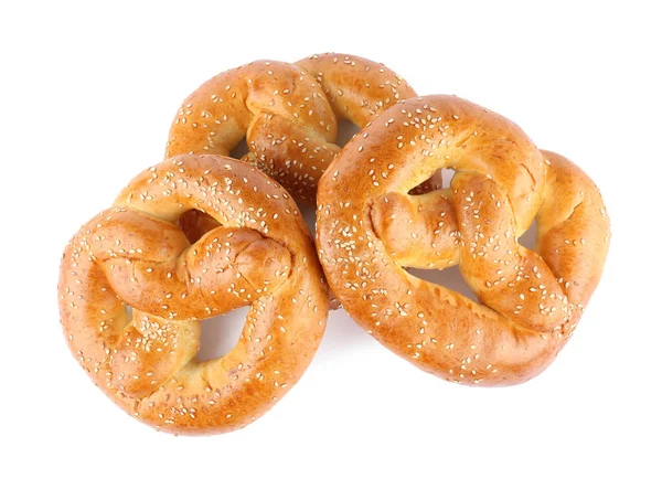 Sabrosos Pretzels Recién Horneados Sobre Fondo Blanco Vista Superior —  Fotos de Stock