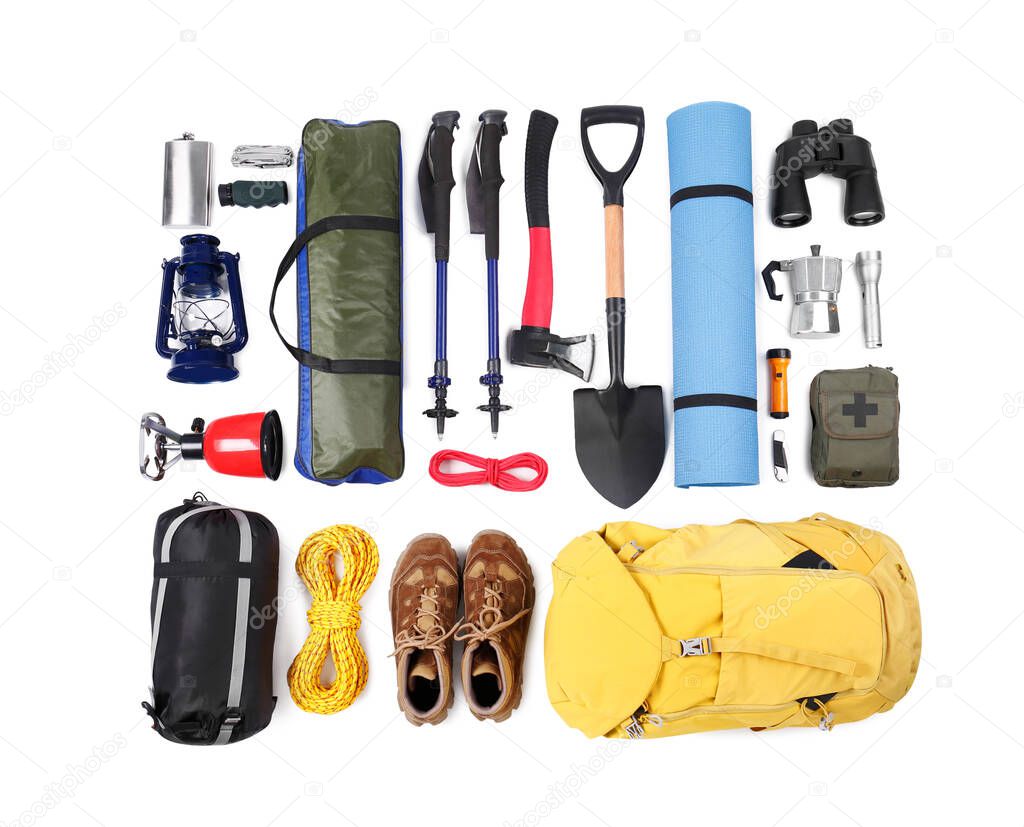 Set of camping equipment on white background, top view. Packing for trip