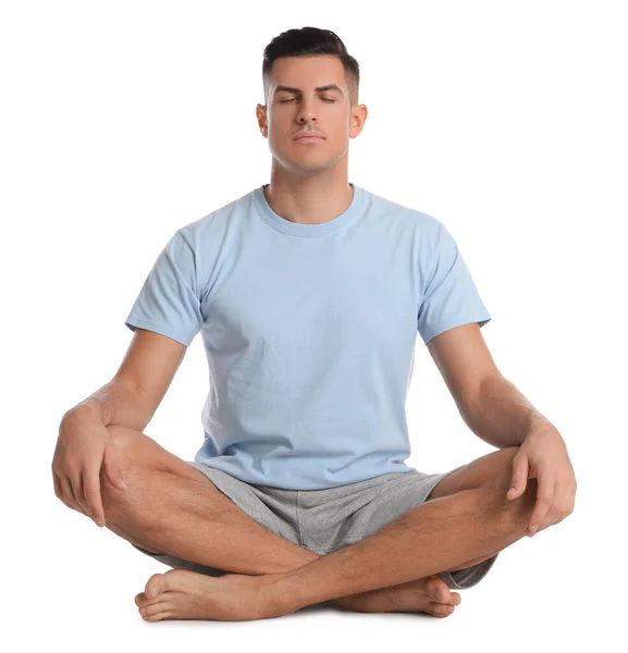 Handsome Man Meditating White Background Harmony Zen — Stock Photo, Image