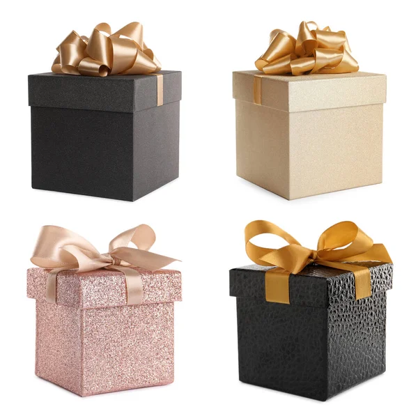 Set Beautiful Gift Boxes White Background — Stockfoto