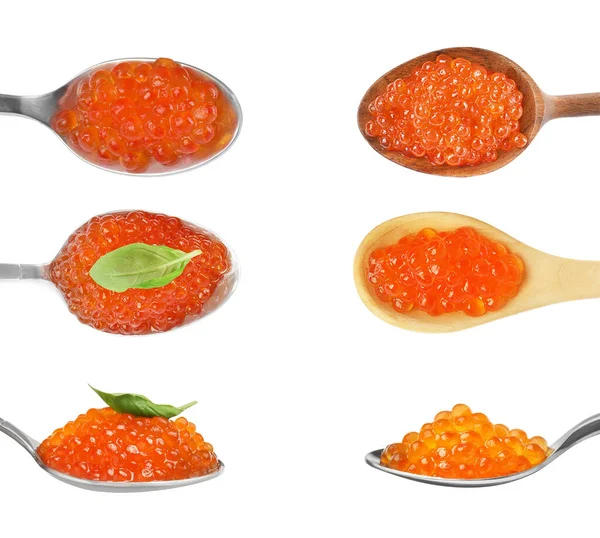 Set Con Delicioso Caviar Rojo Sobre Fondo Blanco —  Fotos de Stock