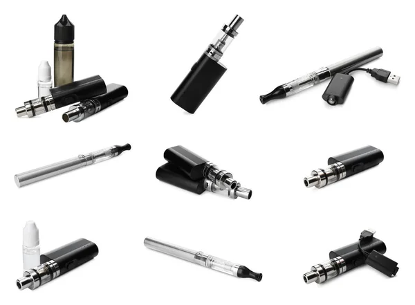 Set Různými Elektronickými Kuřáckými Zařízeními Bílém Pozadí — Stock fotografie