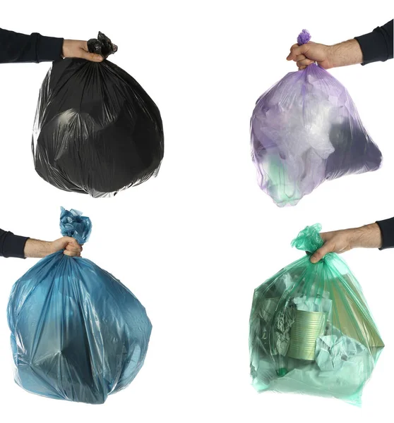 Colagem Com Fotos Homens Segurando Sacos Lixo Fundo Branco Close — Fotografia de Stock