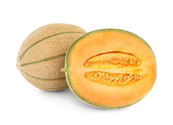 Whole Cut Tasty Ripe Melons White Background — Stock Photo, Image