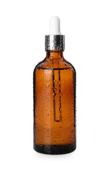 Пляшка Гідрофільної Олії Покрита Краплями Води Ізольована Білому — стокове фото