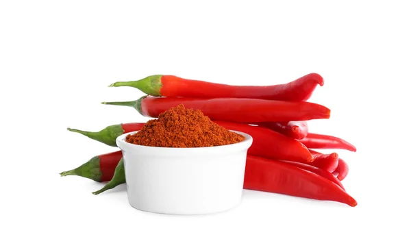 Fresh Chili Peppers Bowl Paprika Powder White Background — Stock Photo, Image