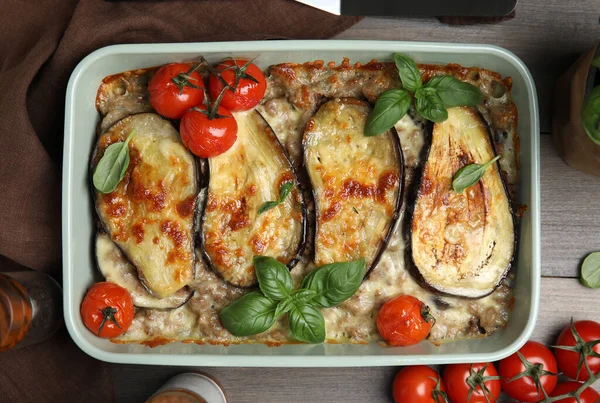 Delicious Eggplant Lasagna Baking Dish Wooden Table Flat Lay — Stock Photo, Image