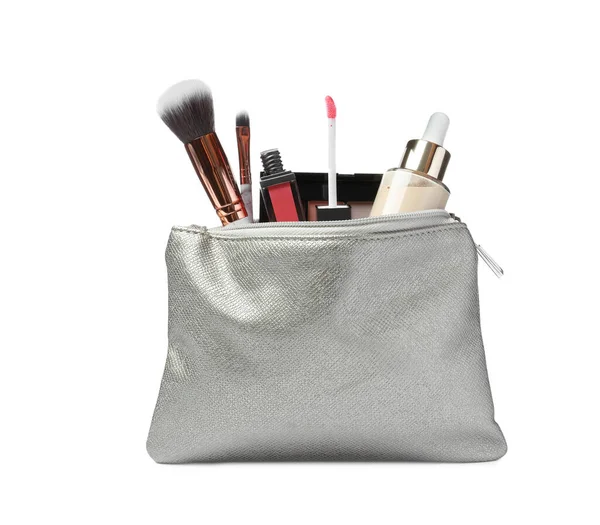 Stilvolle Silberne Kosmetiktasche Mit Make Produkten Auf Weißem Hintergrund — Stockfoto