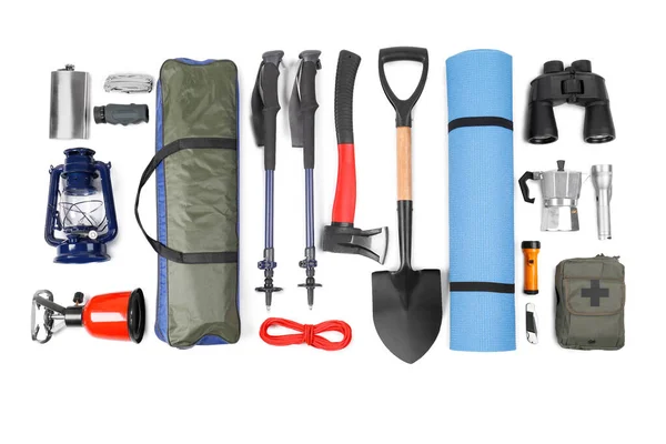 Set Camping Equipment White Background Top View Packing Trip — Stock Photo, Image