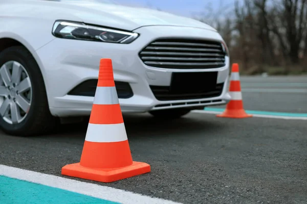 Modern Car Test Track Focus Traffic Cone Driving School — Stockfoto