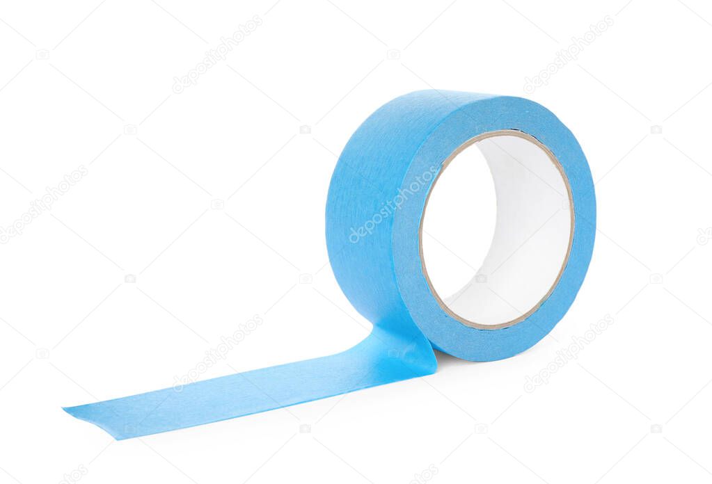 Roll of light blue adhesive tape isolated on white