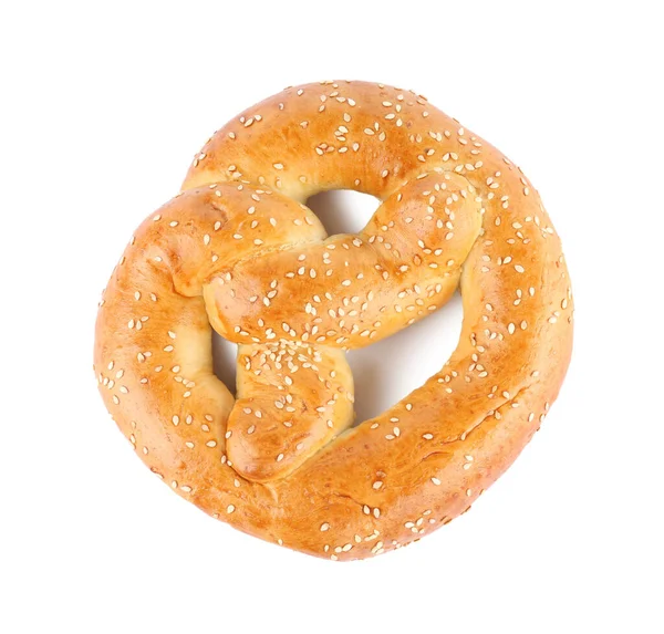 Tasty Freshly Baked Pretzel Isolated White Top View — Stock Photo, Image