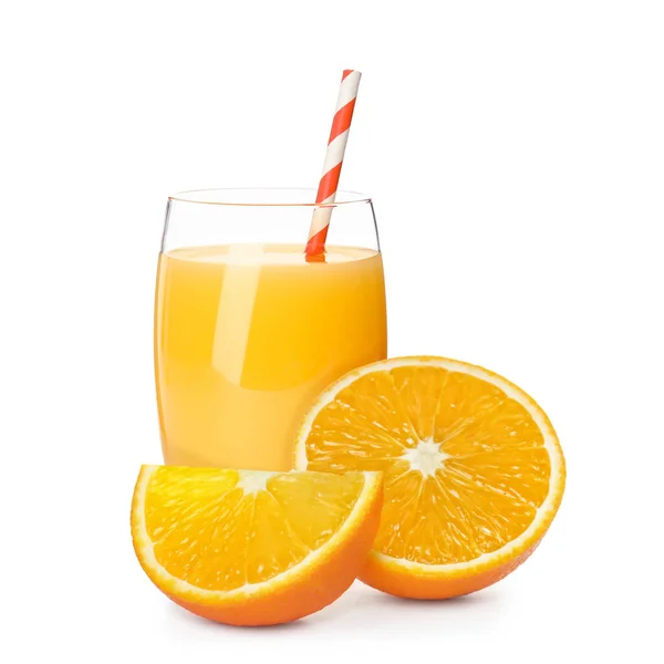 Glas Apelsinjuice Och Färska Frukter Vit Bakgrund — Stockfoto