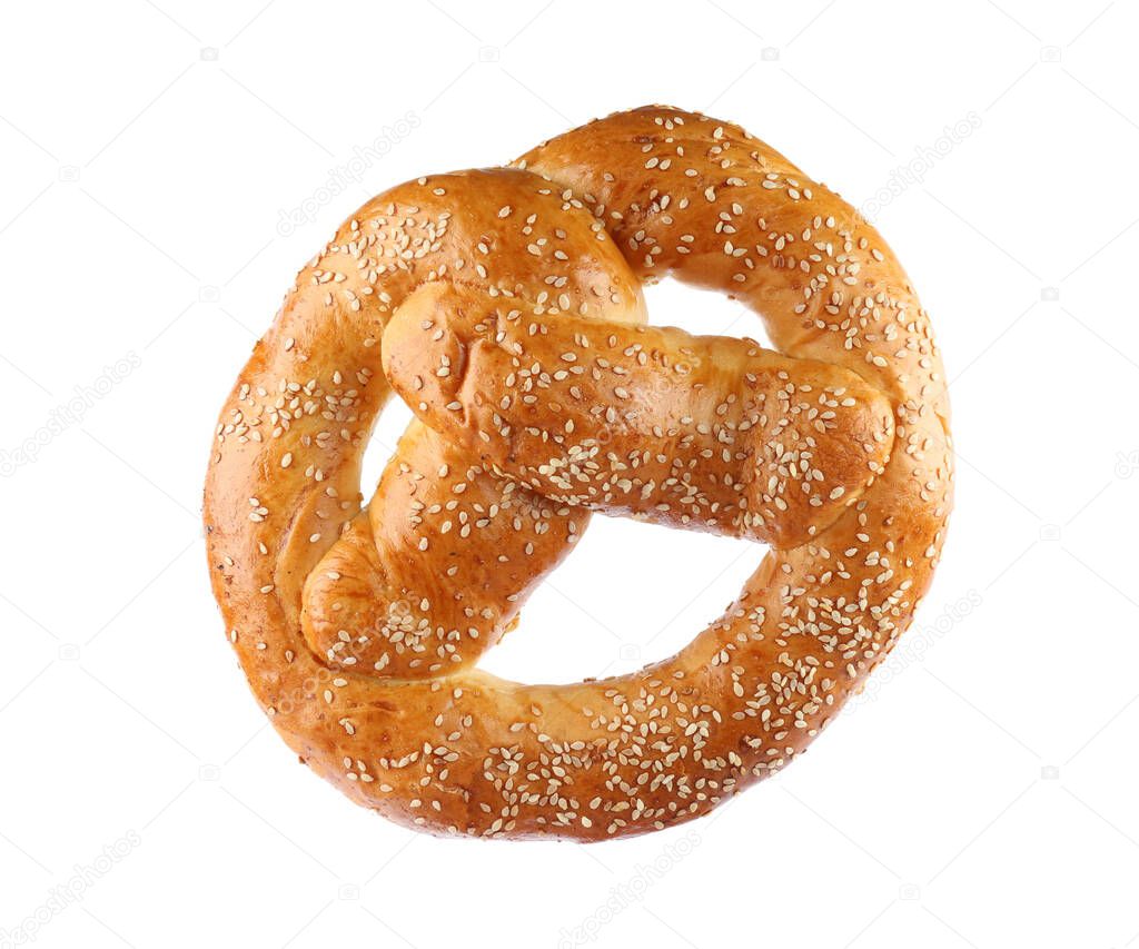 Tasty freshly baked pretzel isolated on white