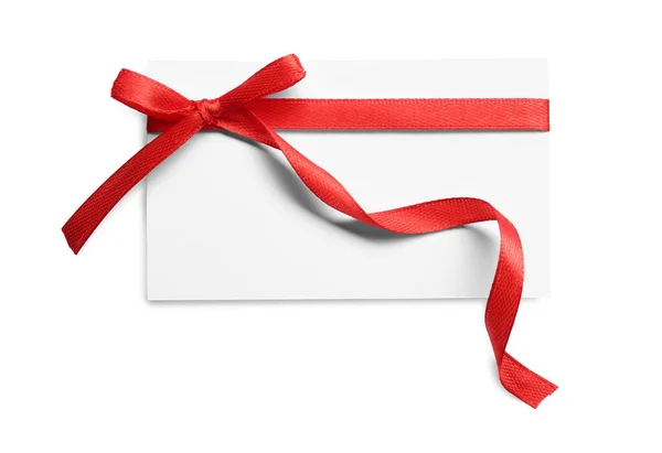 Blank Gift Tag Red Satin Ribbon White Background Top View — Stock Photo, Image