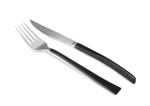 Nuevo Tenedor Cuchillo Con Asas Negras Sobre Fondo Blanco — Foto de Stock
