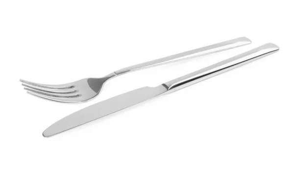 New Shiny Fork Knife White Background — Stock Fotó