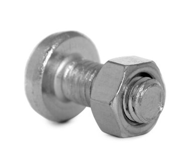 Beyaza izole edilmiş altıgen cevizli metal cıvata.