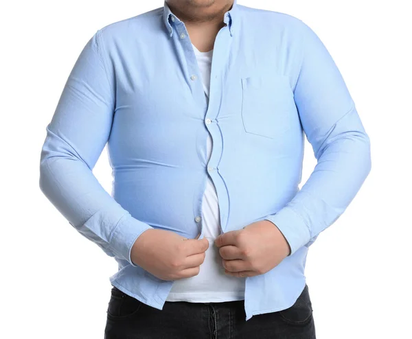 Overweight Man Trying Button Tight Shirt White Background Closeup — Stock Photo, Image