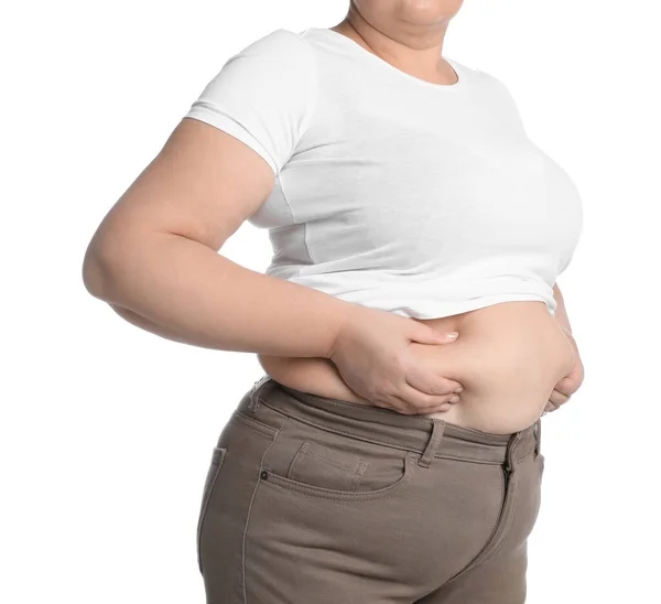 Übergewichtige Frau Engem Shirt Und Hose Auf Weißem Hintergrund Nahaufnahme — Stockfoto