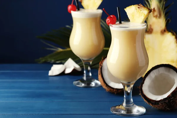 Tasty Pina Colada Cocktails Ingredients Blue Wooden Table Space Text — Fotografia de Stock