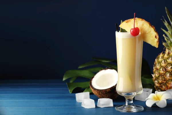 Tasty Pina Colada Cocktail Ingredients Blue Wooden Table Space Text — Fotografia de Stock