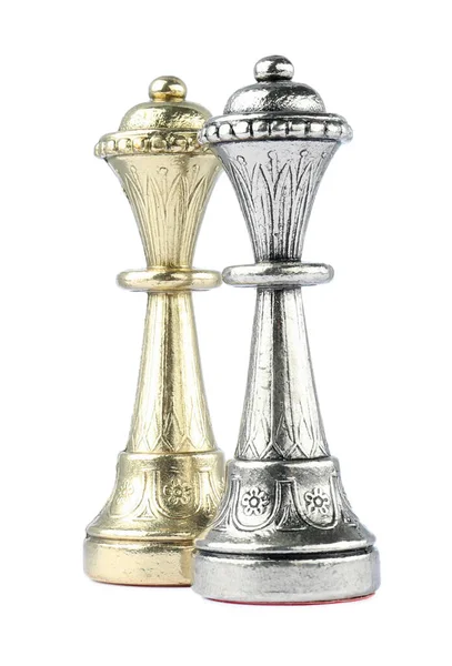 Серебряные Золотые Королевы Белом Фоне Шахматные Фигуры — стоковое фото