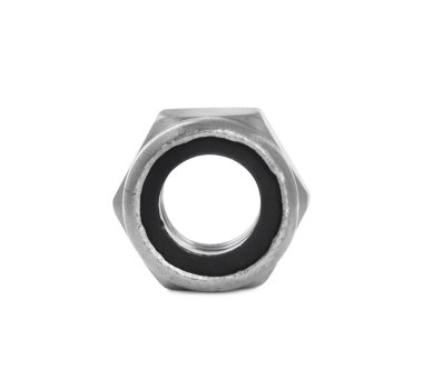 Bir metal kilit somunu beyaza izole edilmiş.