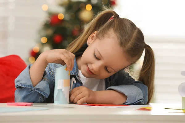 Cute Little Girl Paper Saint Nicholas Toy Home — Stock Photo, Image