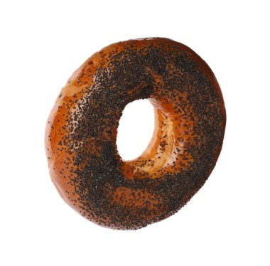 Beyaza izole edilmiş haşhaş tohumlu lezzetli taze simit.
