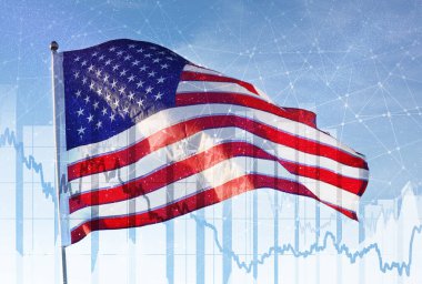 Çoklu Amerikan bayrağı, haritalar ve bağlantı hatları. ABD ekonomisi