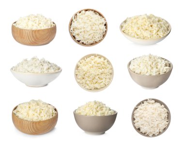 Beyaz arka planda lezzetli mozzarella peyniri ile ayarlanmış.