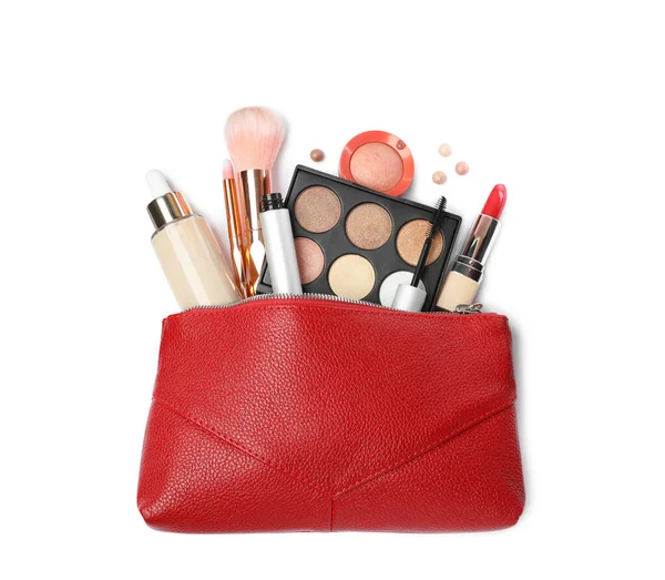 Stilvolle Rote Kosmetiktasche Mit Make Produkten Auf Weißem Hintergrund Ansicht — Stockfoto