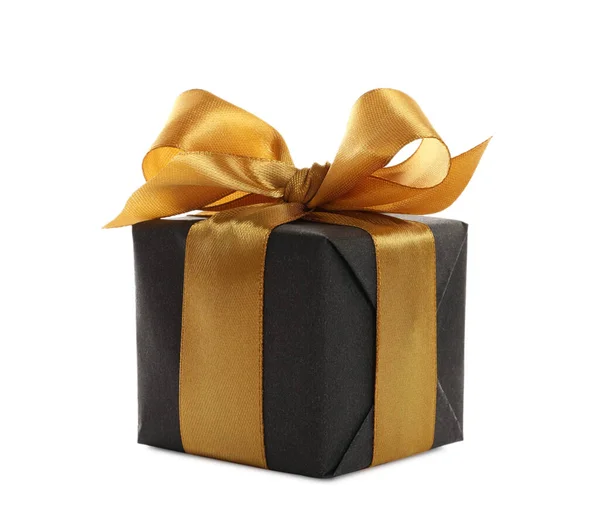 Beautiful Gift Box Golden Ribbon Bow White Background — Stock Photo, Image