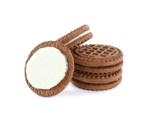 Leckere Schokoladen Sandwich Kekse Mit Sahne Auf Weißem Hintergrund — Stockfoto