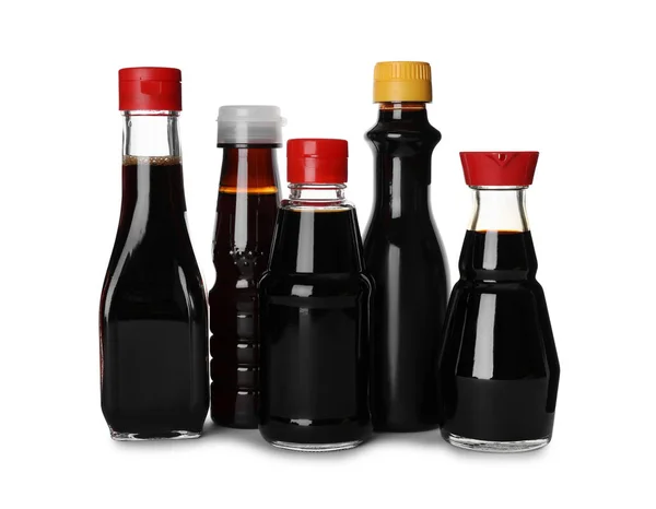 Flaskor Med Välsmakande Sojasås Isolerade Vitt — Stockfoto