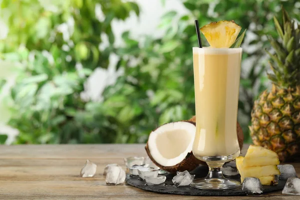 Tasty Pina Colada Cocktail Ingredients Wooden Table Space Text — Stock Photo, Image