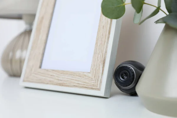 Small Camera Hidden Home Stuff White Table — Stock Photo, Image